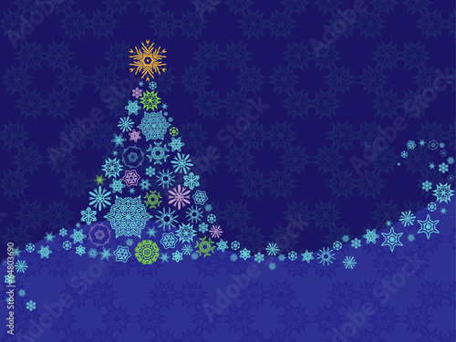 Christmas card with snowflakes, tree, ornament on background