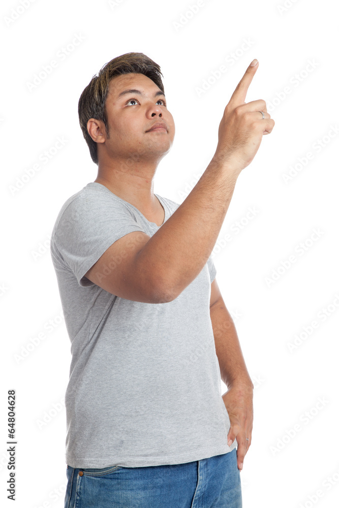 Asian strong man point and look up wear casual dress Asian strong man point and look up wear casual dress