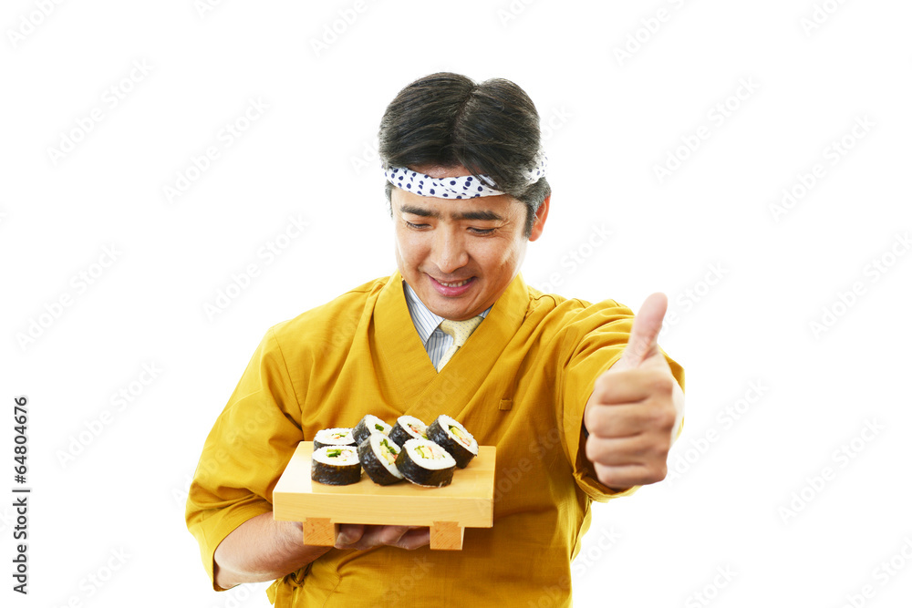 ガッツポーズの寿司職人