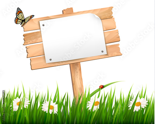 Nature background with green grass and flowers and wooden sign V