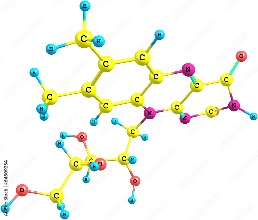Riboflavin (B2) molecular structure on white background Riboflavin (B2) molecular structure on white background