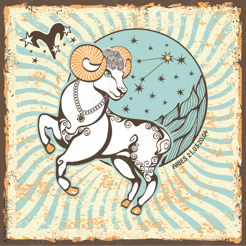 Aries  zodiac sign.Vintage Horoscope card