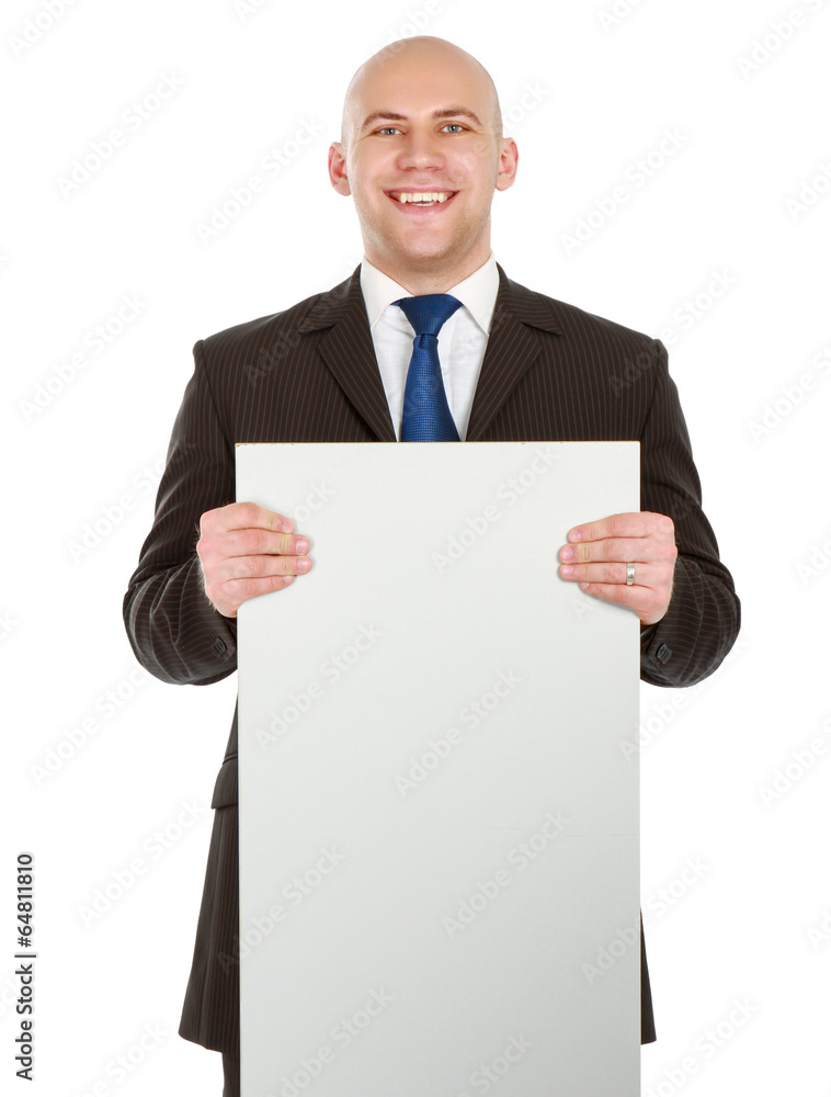 A business man with an empty blank, isolated on white background A business man with an empty blank, isolated on white background