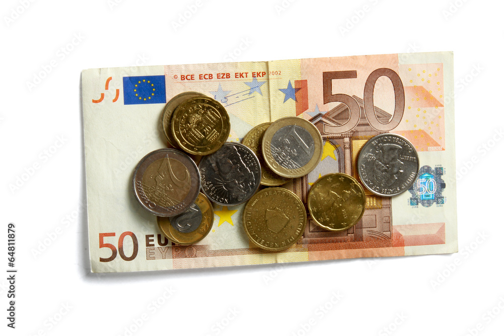 Money: euro coins and bills close up