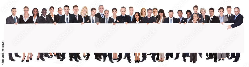 Multiethnic Businesspeople Holding Blank Billboard Multiethnic Businesspeople Holding Blank Billboard