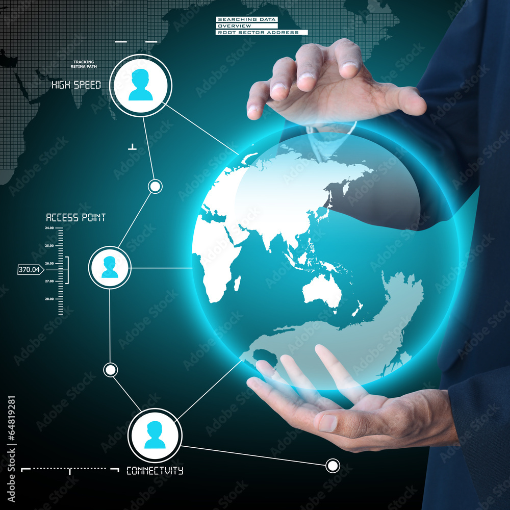 Businessman presenting global network media concept Businessman presenting global network media concept