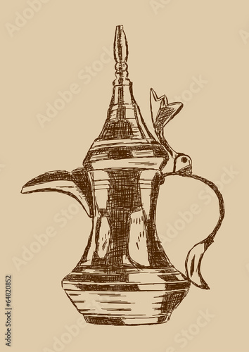 Old Style Hand Drawn Arabic Coffee Pot - Vector Illustration