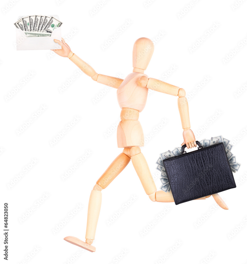 wooden Dummy with envelope full of money wooden Dummy with envelope full of money