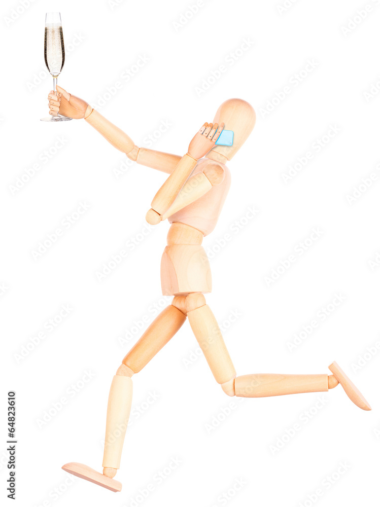 wooden Dummy with champagne and mobile phone wooden Dummy with champagne and mobile phone