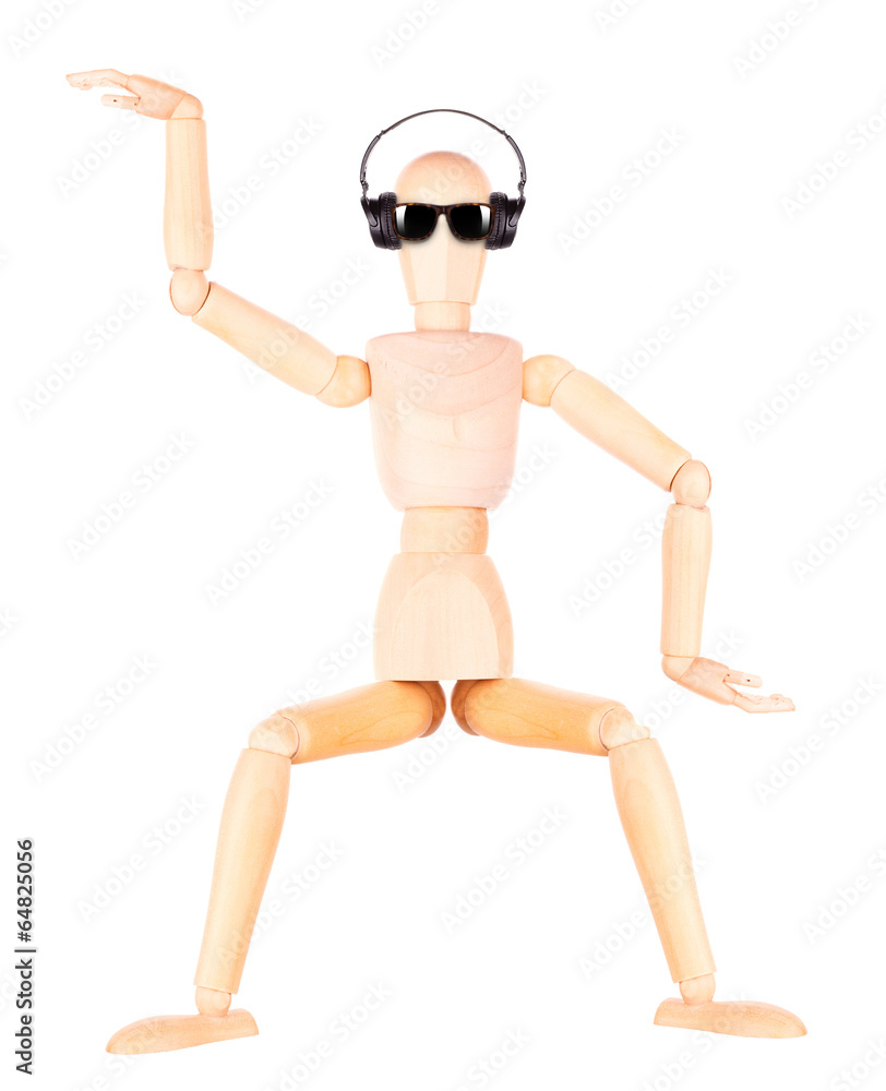 wooden Dummy with Headphones Isolated wooden Dummy with Headphones Isolated