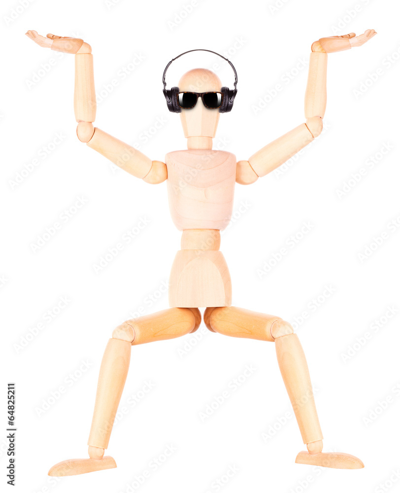 wooden Dummy with Headphones Isolated wooden Dummy with Headphones Isolated