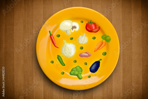 Colorful plate with hand drawn icons, symbols, vegetables and fr