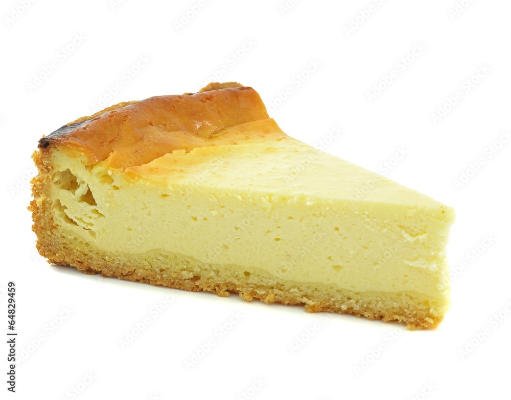 A triangle slice of plain cheese cake on a white background A triangle slice of plain cheese cake on a white background