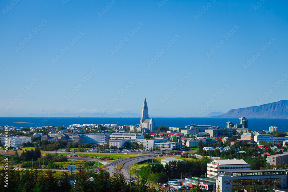 Beautiful super wide-angle aerial view of Reykjavik, Iceland wit - obrazy, fototapety, plakaty 