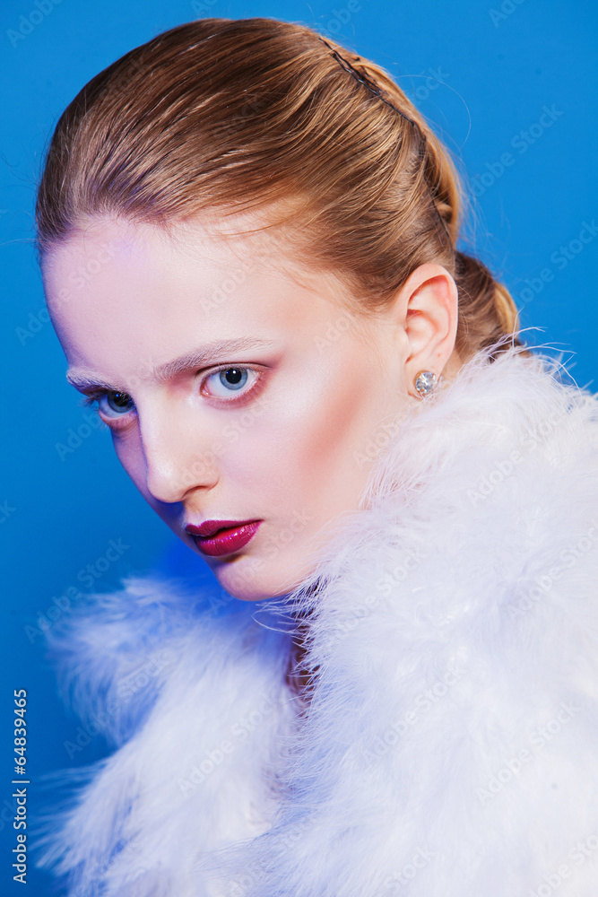 beautiful lady with red lips and cape of feathers beautiful lady with red lips and cape of feathers