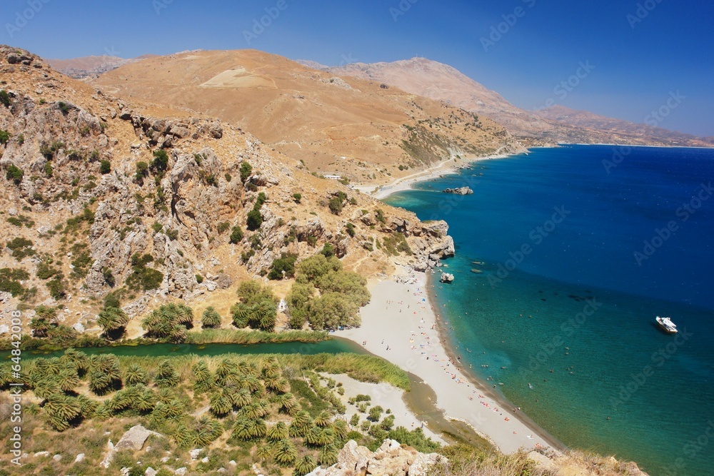 Fototapeta premium View from the hill on the beach Preveli, Crete