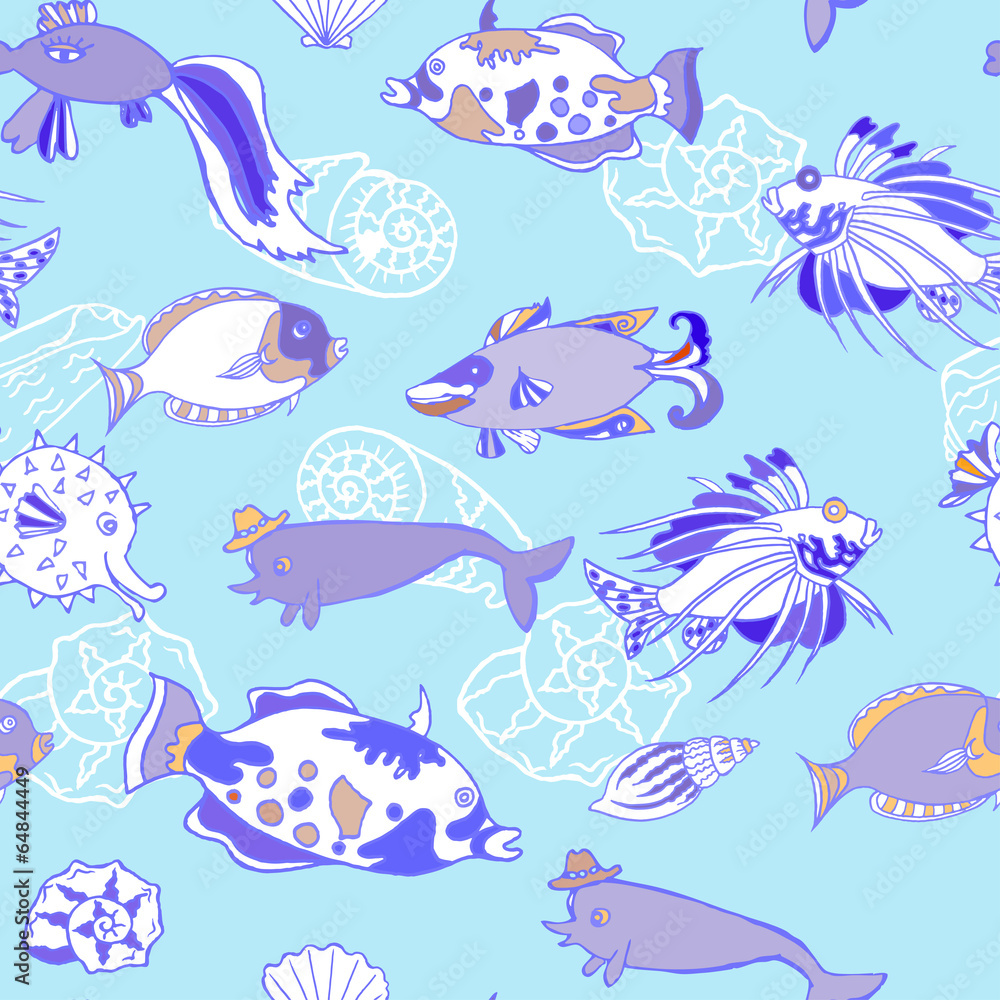 Fototapeta premium Seamless pattern with cockleshells blue fishes