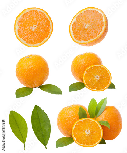 orange slice and orange leaf image set isolated on white backgro