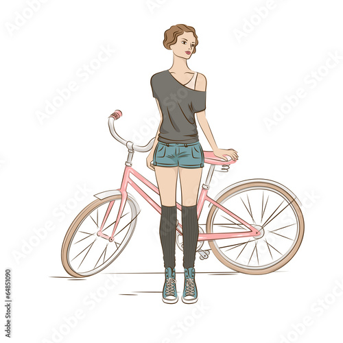 Young stylish woman and her bike .