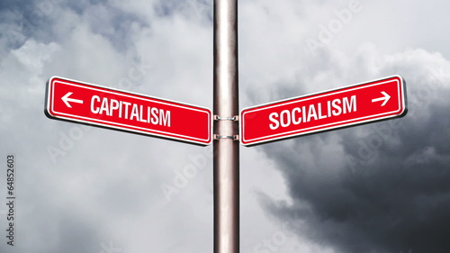 Capitalism or Socialism, conceptual video with opposite signs photo