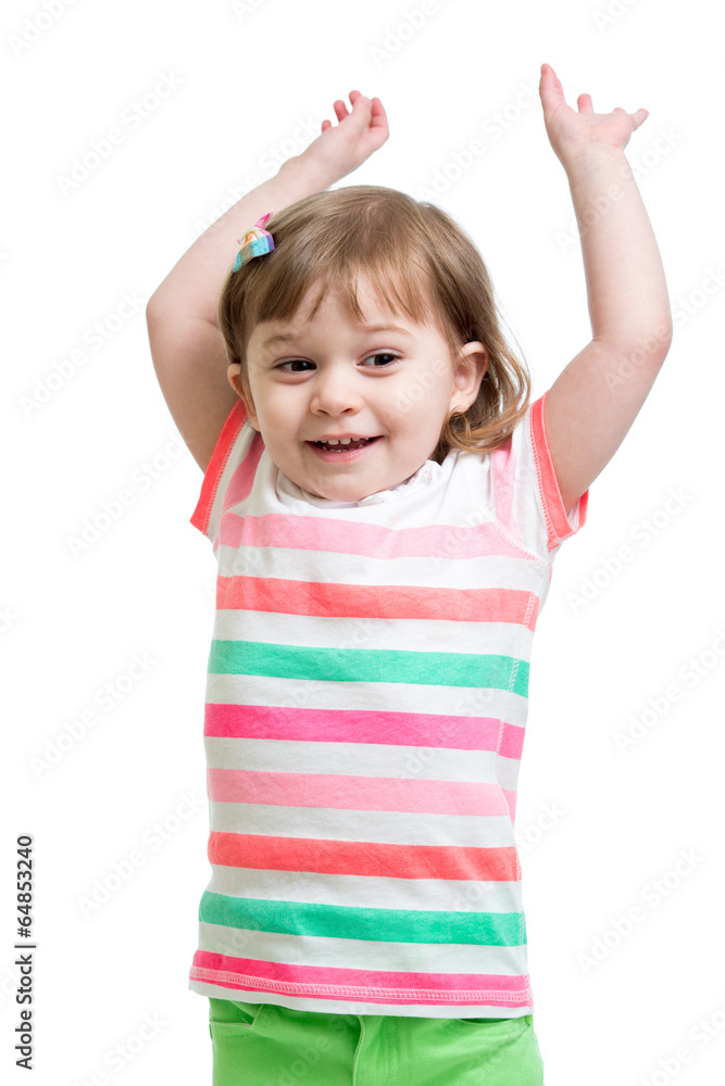 child girl with hands up isolated on white background child girl with hands up isolated on white background