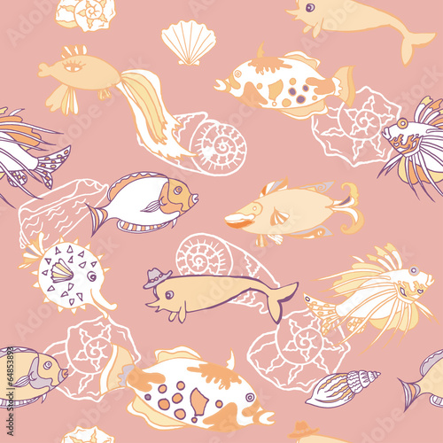 Seamless pattern  with   fishes and white cockleshells