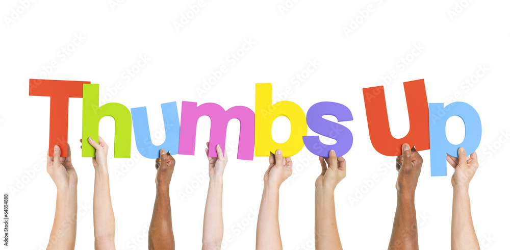 Diverse Hands Holding the Word Thumbs Up Diverse Hands Holding the Word Thumbs Up