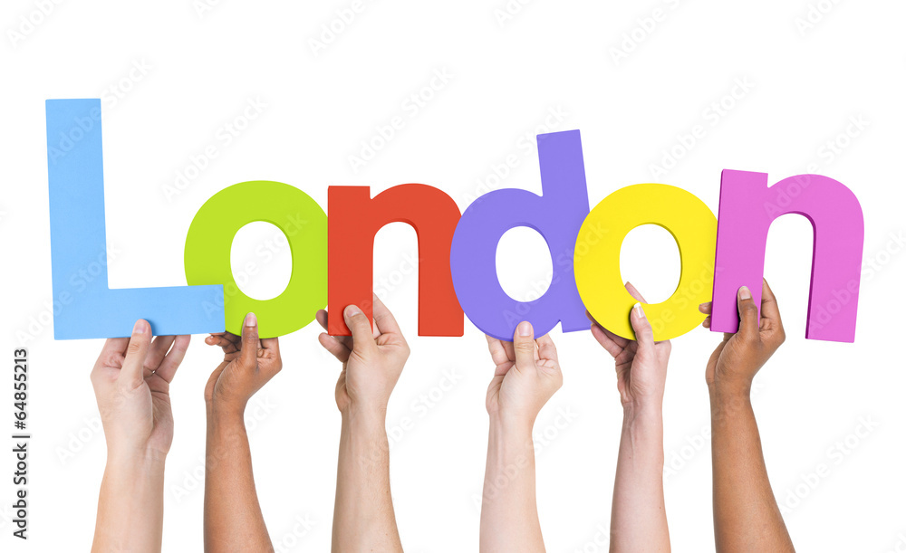 Multiethnic Arms Raised Holding Text London Multiethnic Arms Raised Holding Text London
