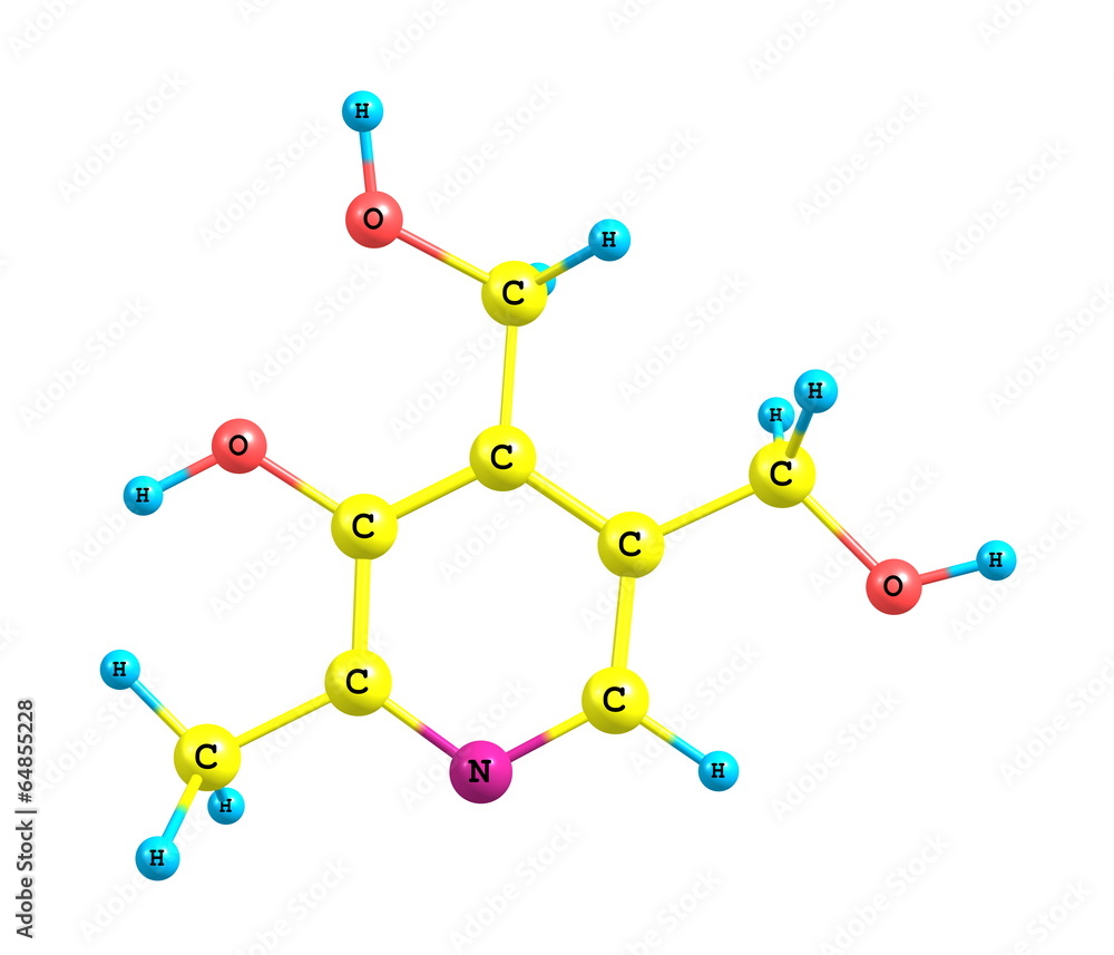 Pyridoxine (vitamin B6) molecular structure on white background Pyridoxine (vitamin B6) molecular structure on white background