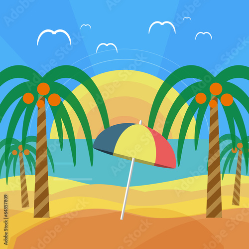Tropical beach with palm trees and umbrella