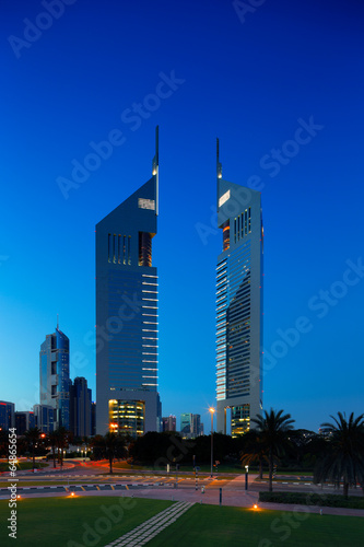 Canvas Print A profile of the iconic Emirates Towers in Dubai, UAE at dusk