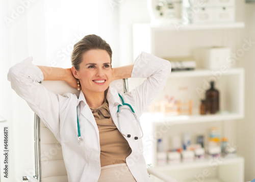 Portrait of relaxed medical doctor woman in office