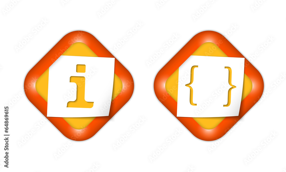 set of two icons with paper and info sign and brackets set of two icons with paper and info sign and brackets