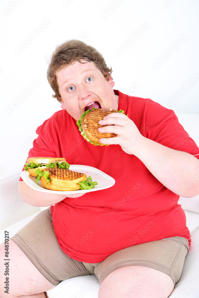 Fat man eating tasty sandwich on home interior background Fat man eating tasty sandwich on home interior background