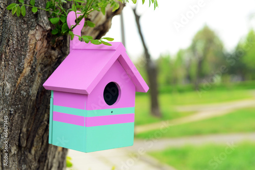 Birdhouse in garden outdoors