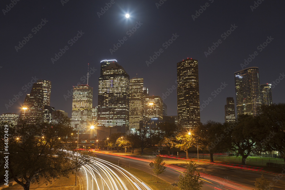 Houston Skyline at Night with Moving Traffic, Texas, USA