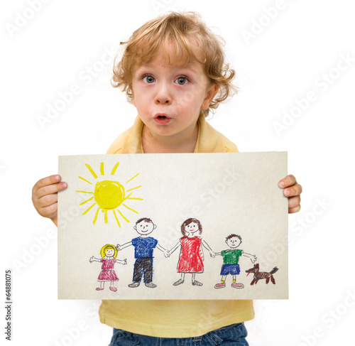 Cute kid holding a drawing with a family