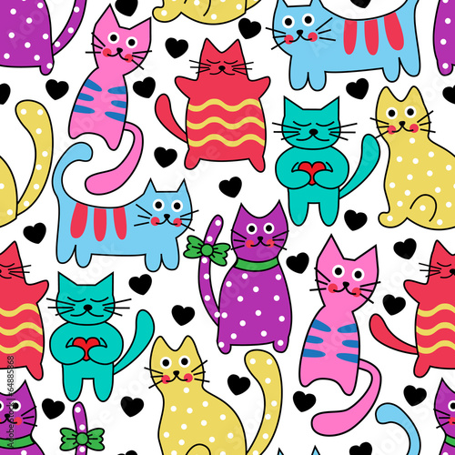 Cartoon seamless multicolored black cats and hearts