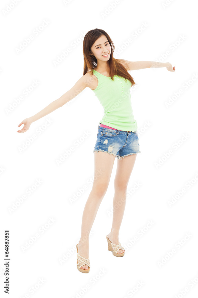 pretty young girl standing and open arms