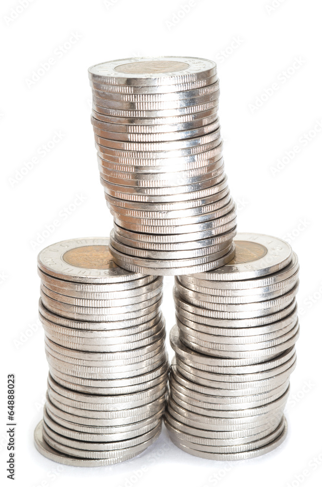 Silver coins stack on white background Silver coins stack on white background