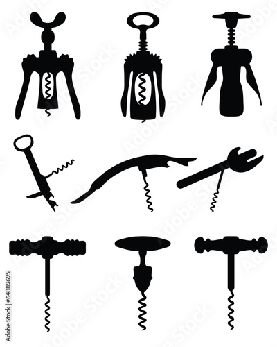 Black silhouettes of different corkscrew, vector illustration