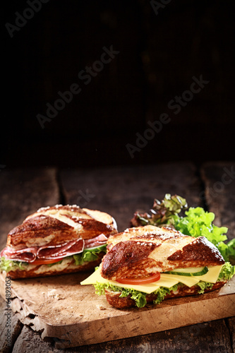 German lye rolls with cheese and salami