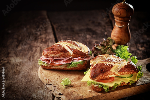 Crusty brown lye bread roll sandwiches