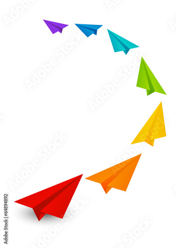 Color paper airplanes on white