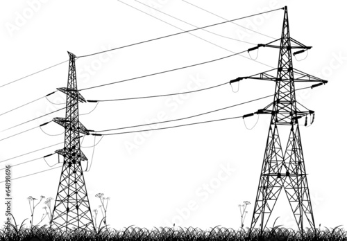 two  electrical pylons in grass isolated on white