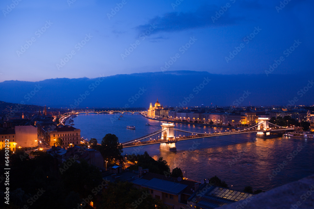Chain bridge panorama view at night in Budapest