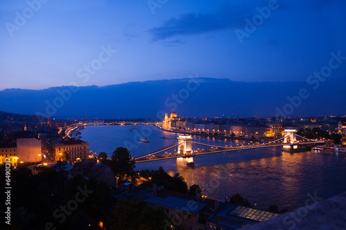 Chain bridge panorama view at night in Budapest