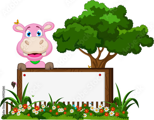 Cute hippo cartoon with blank sign in garden