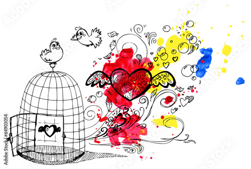 Cute birds in love escaping from a cage