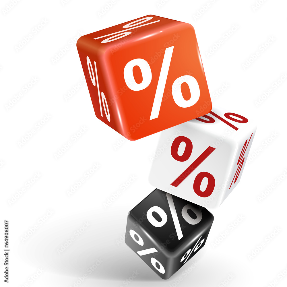 3d dice illustration with word percent sign